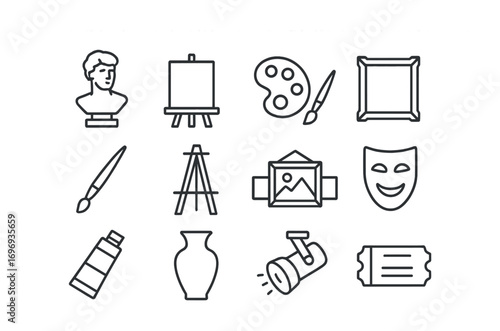Fine Art Icon Set. Outline icon set of fine art: sculpture bust, canvas, palette, frame, brush, easel, gallery