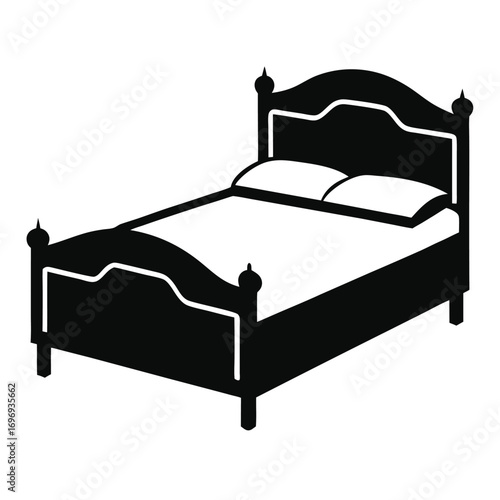 Black Silhouette of Bed Frame with Pillows and Ornamental Bedposts, Bedroom Furniture