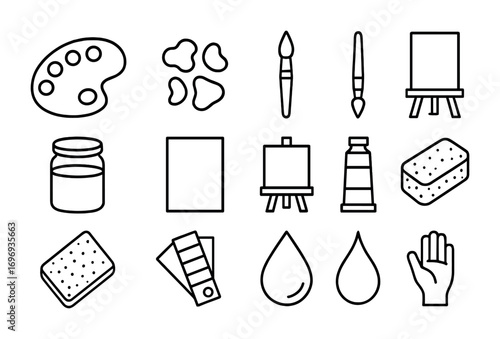 Art Tools Icon Set. Outline icon set of paint palette with colors: wooden palette, paint blobs, paintbrush,