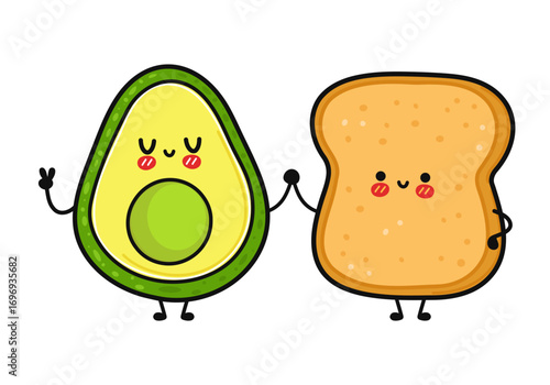 Cute avocado and toast characters holding hands