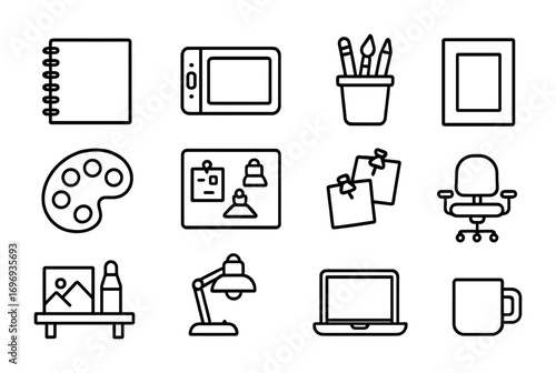 Creative Workspace Icons. Outline icon set of creative workspace: sketchbook, drawing tablet, pencil holder,