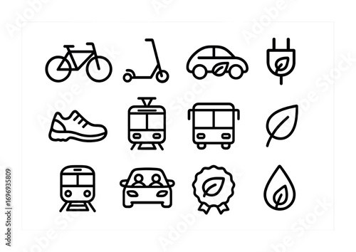 Eco Transport Icons. Outline icon set of eco transport: bicycle, scooter, electric car, charging plug, walking