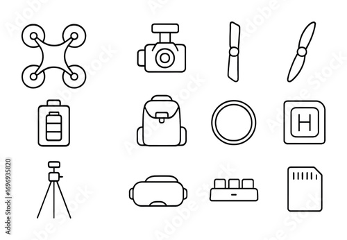 Drone Gear Icons. Outline icon set of drone photography gear: drone remote, controller, camera gimbal,