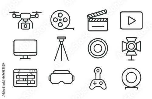 Aerial Filming Icons. Outline icon set of aerial filming: drone with camera, film reel, director clapboard,