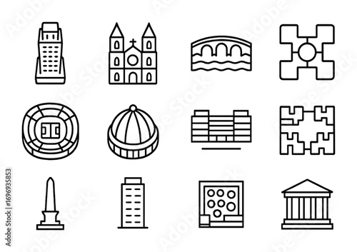 Architectural Icons Grid. Outline icon set of architectural aerial views: skyscraper, cathedral, bridge, plaza