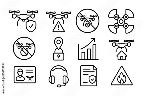Drone Safety Icons. Outline icon set of drone safety: drone with shield, warning triangle, restricted zone,