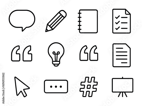 Caption Writing Icons. Outline icon set of caption writing tips board: text bubble, pencil, notebook,