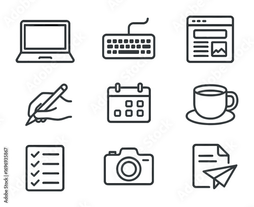 Blogging Essentials Icons. Outline icon set of blogging essentials: laptop, keyboard, blog page, writing hand,