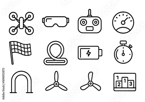 Drone Racing Icons. Outline icon set of drone racing: racing drone, goggles, remote controller, speedometer,