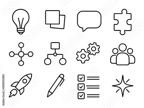 Brainstorming Icons Grid. Outline icon set of brainstorming ideas: light bulb, sticky notes, chat bubble,