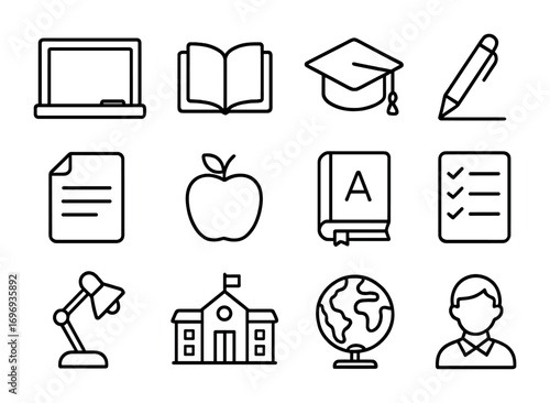 Educational Icons Grid. Outline icon set of educational writing tips: chalkboard, open book, graduation cap,