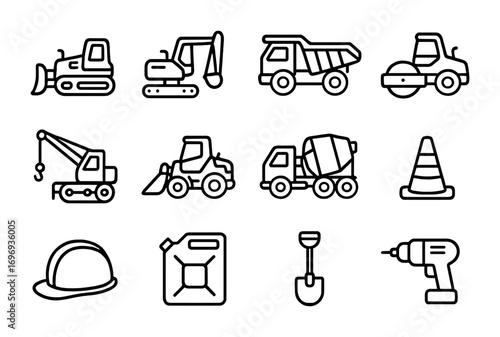Construction Equipment Icons. Outline icon set of heavy construction equipment: bulldozer, excavator, dump
