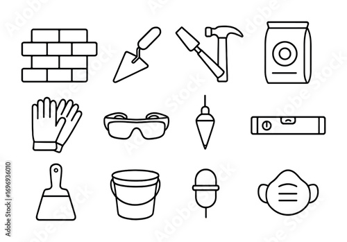Masonry Repair Tools Icons. Outline icon set of masonry repair: bricks, mortar trowel, chisel, hammer, cement