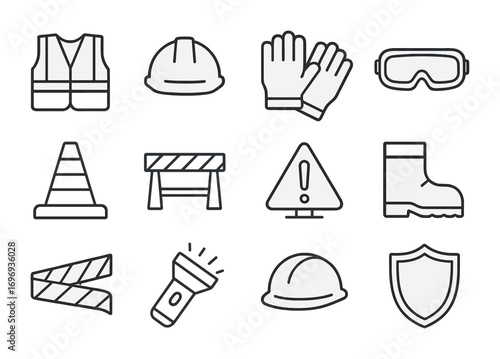 Driveway Safety Icons. Outline icon set of driveway safety: reflective vest, helmet, gloves, goggles, safety