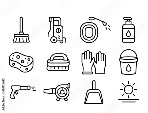 Driveway Cleaning Icons. Outline icon set of driveway cleaning: broom, power washer, water hose, soap bottle,