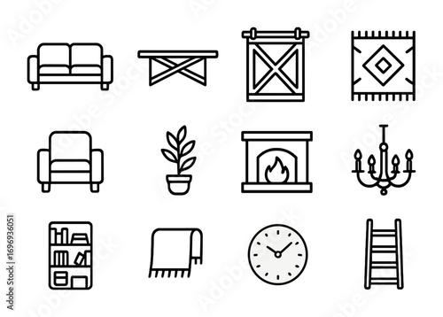 Farmhouse Living Room Icons. Outline icon set of creating a modern farmhouse living room: sofa, wooden coffee