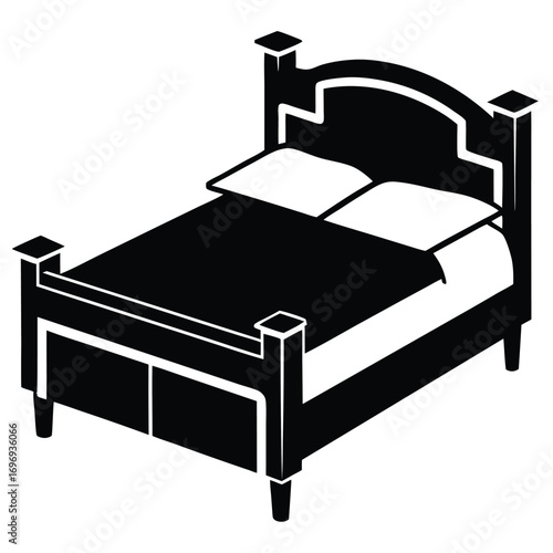 Black and White Illustration of a Double Bed with Pillows and Post Design