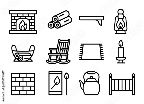 Hearth Icons Set. Outline icon set of fireplace and hearth: fireplace, firewood stack, mantel, lantern, log