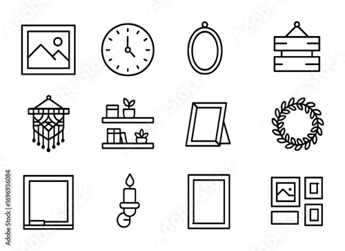 Wall Decor Icons. Outline icon set of wall décor ideas: framed art, wall clock, mirror, wooden sign, macrame,