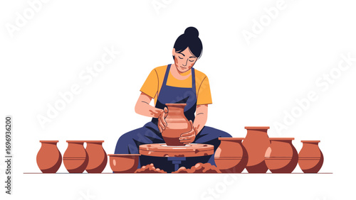 Artisan at the Wheel: A skilled artisan, immersed in the art of pottery, meticulously shapes a clay pot on a traditional pottery wheel, surrounded by various handcrafted ceramic pieces.