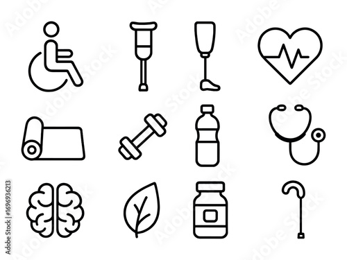 Disability Health Icons. Outline icon set of health and wellness for people with disabilities: wheelchair,