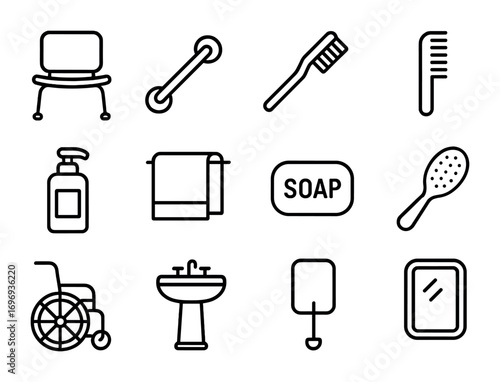 Personal Care Icons. Outline icon set of personal care aids: shower chair, grab bar, toothbrush, comb, lotion