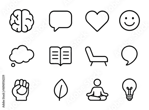 Mental Health Icon Set. Outline icon set of mental health support: brain icon, chat bubble, heart, smiley face