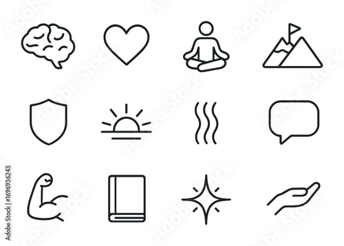 Emotional Resilience Icons. Outline icon set of developing emotional resilience: brain icon, heart symbol,