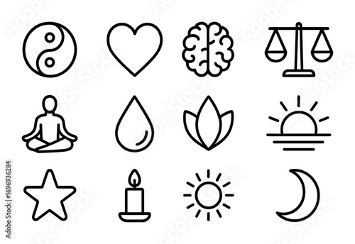 Emotional Balance Icons. Outline icon set of emotional balance: yin yang, heart, brain icon, scale, lotus pose