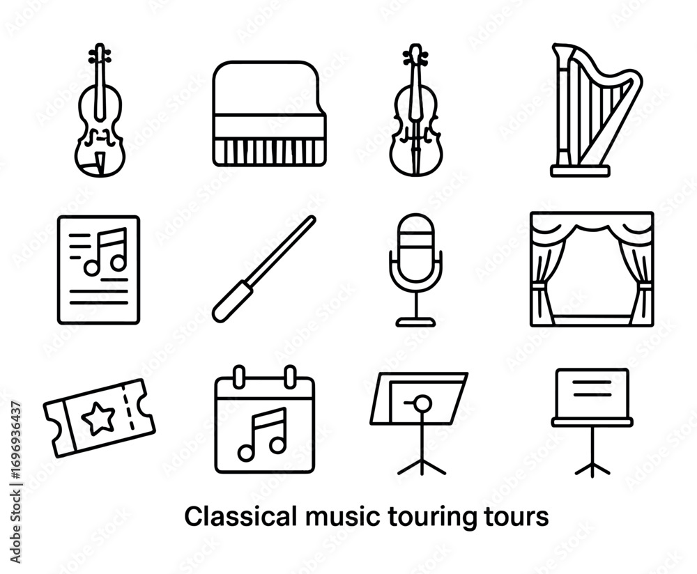Obraz premium Classical Music Icons. Outline icon set of classical music tours: violin, piano, cello, harp, music sheet,