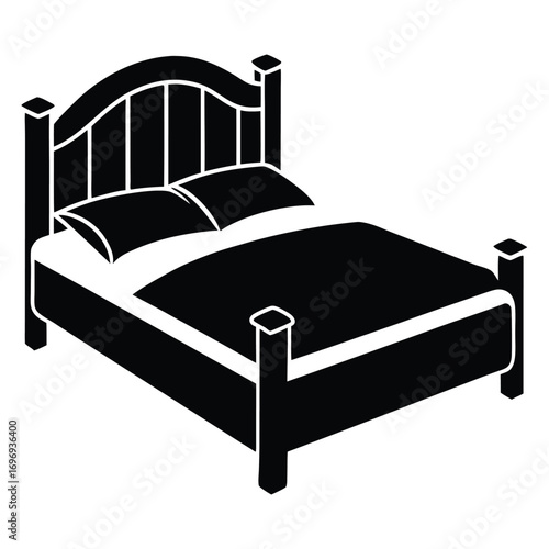 Black Bed with Pillows and Headboard, Isometric View of Classic Bedroom Furniture