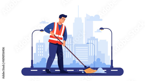 City Maintenance Operative: A diligent city maintenance worker sweeps the pavement in a vibrant cityscape, reflecting the city's commitment to cleanliness and public service.