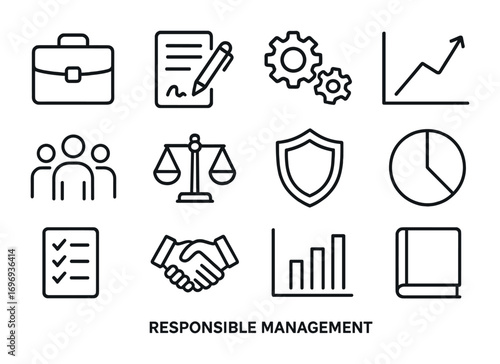 Management Icon Set. Outline icon set of responsible management: briefcase, contract, gears, chart, group of