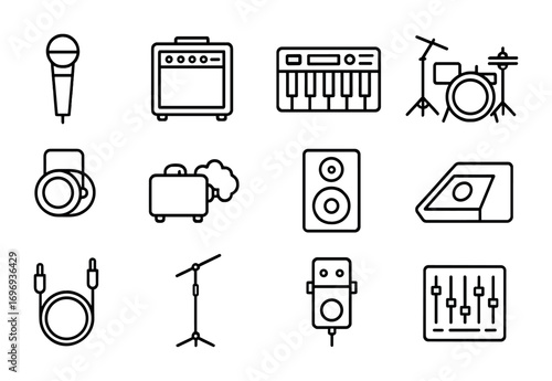 Stage Equipment Icons. Outline icon set of stage equipment: microphone, guitar amp, keyboard, drum kit,