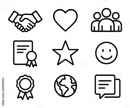 Leadership Trust Icons. Outline icon set of trust in leadership: handshake, heart, shield, group of people,