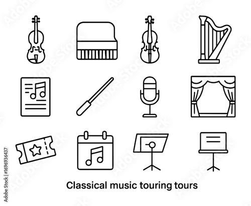 Classical Music Icons. Outline icon set of classical music tours: violin, piano, cello, harp, music sheet,