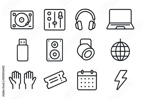 DJ Tour Icons. Outline icon set of DJ tours: turntable, mixer, headphones, laptop, USB stick, speaker,