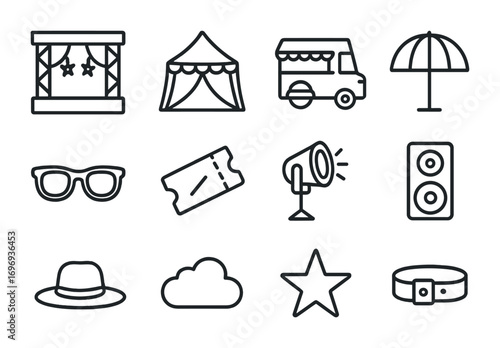 Concert Icon Set. Outline icon set of open-air concerts: stage, tent, food truck, umbrella, sunglasses, ticket