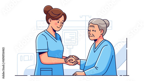 Compassionate Caregiver in Service: A kind-hearted caregiver offers a helping hand to an elderly patient in a hospital setting, symbolizing support and empathy. 