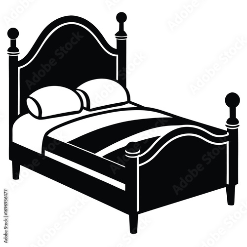 Black and White Bed Graphic with Pillows and Bedding Illustration Style Design