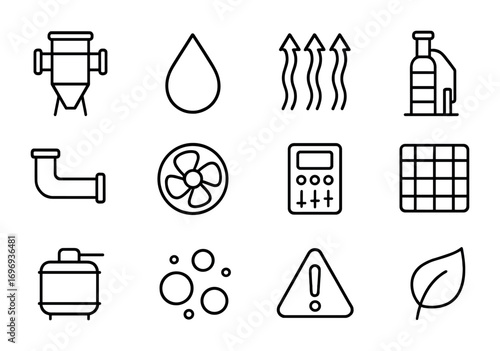 Industrial Filtration Icons. Outline icon set of industrial filtration: filter system, water droplet, airflow