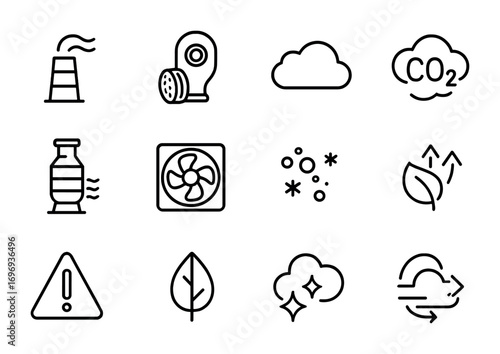 Air Pollution Icons. Outline icon set of air pollution control: smokestack, gas filter, cloud, carbon dioxide