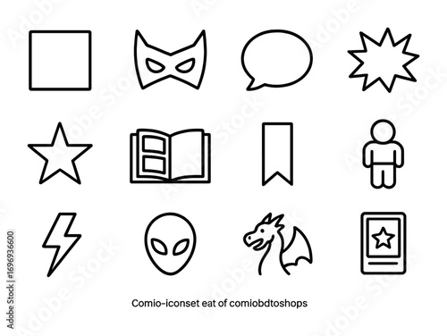 Comic Icons Grid. Outline icon set of comic bookshops: comic frame, superhero mask, speech bubble, action word