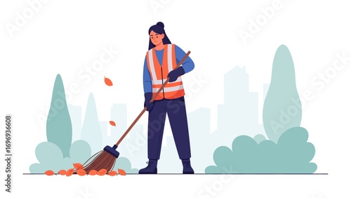 Sweeping the Streets: A diligent street cleaner, with a dedicated look on her face, efficiently clears fallen autumn leaves, showcasing the commitment to public cleanliness and maintenance.