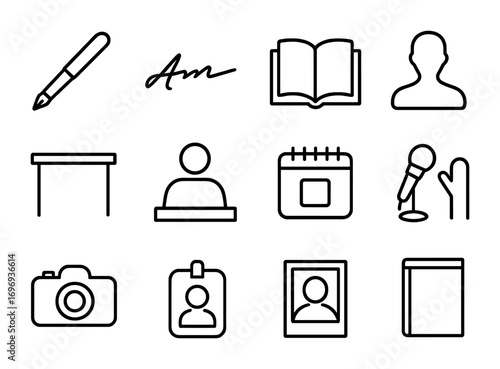 Author Signing Icons. Outline icon set of author signings: pen, autograph, open book, author silhouette, table