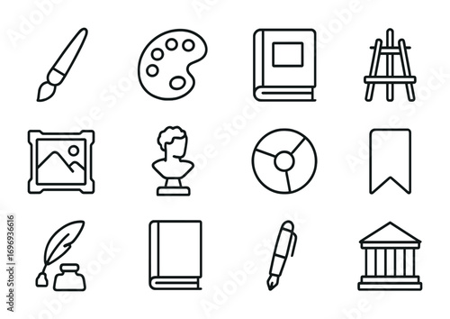 Art Bookstore Icons. Outline icon set of art bookstores: paintbrush, palette, art book, easel, gallery frame,