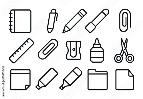 Stationery Icons Grid. Outline icon set of stationery in bookshops: notebook, pen, pencil, eraser, ruler,