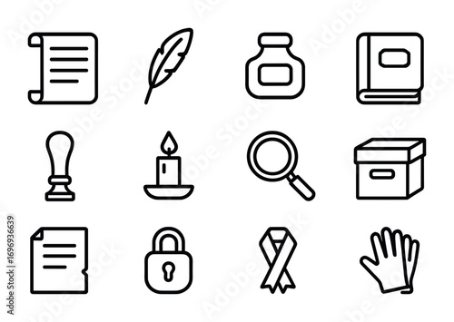 Rare Manuscripts Icons. Outline icon set of rare manuscripts: scroll, feather quill, ink pot, ancient book,