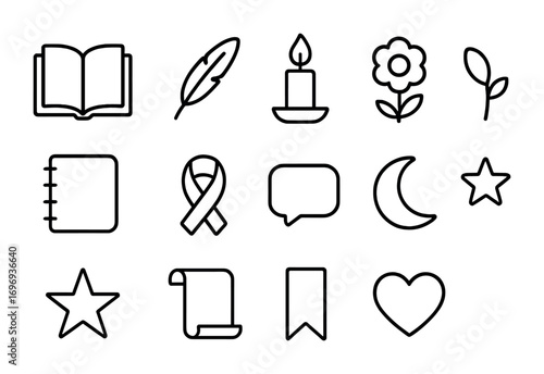 Poetry Icon Set. Outline icon set of poetry collections: open book, feather quill, candle, flower, notebook,