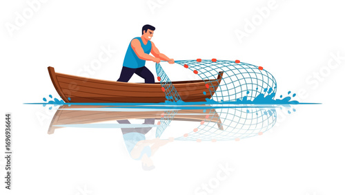 The Fisherman at Work: A lone fisherman casts his net from a small boat, the vast expanse of the sea reflecting in the water around. The scene encapsulates the timeless art of fishing.